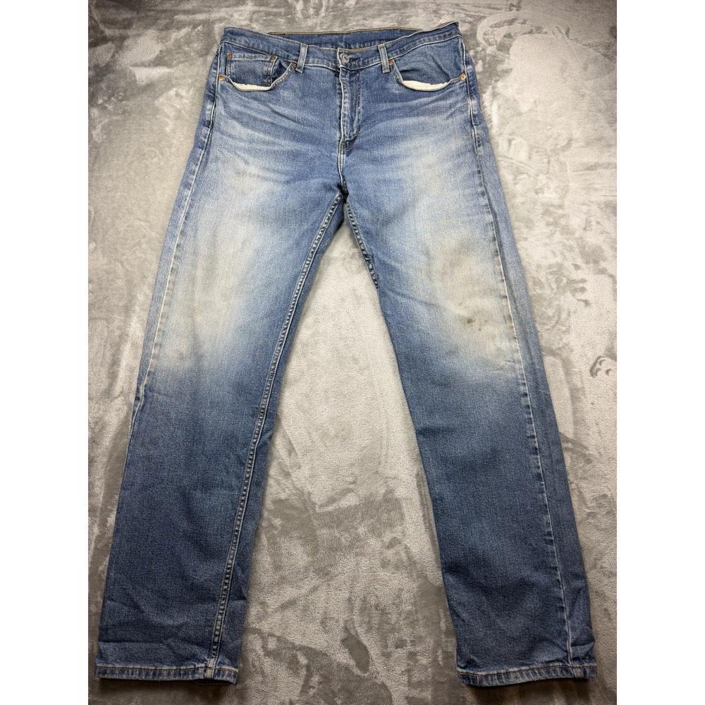 Levis 505 Men Jeans 38X34 Blue Regular Fit Straight Leg Distressed/Stained Cool